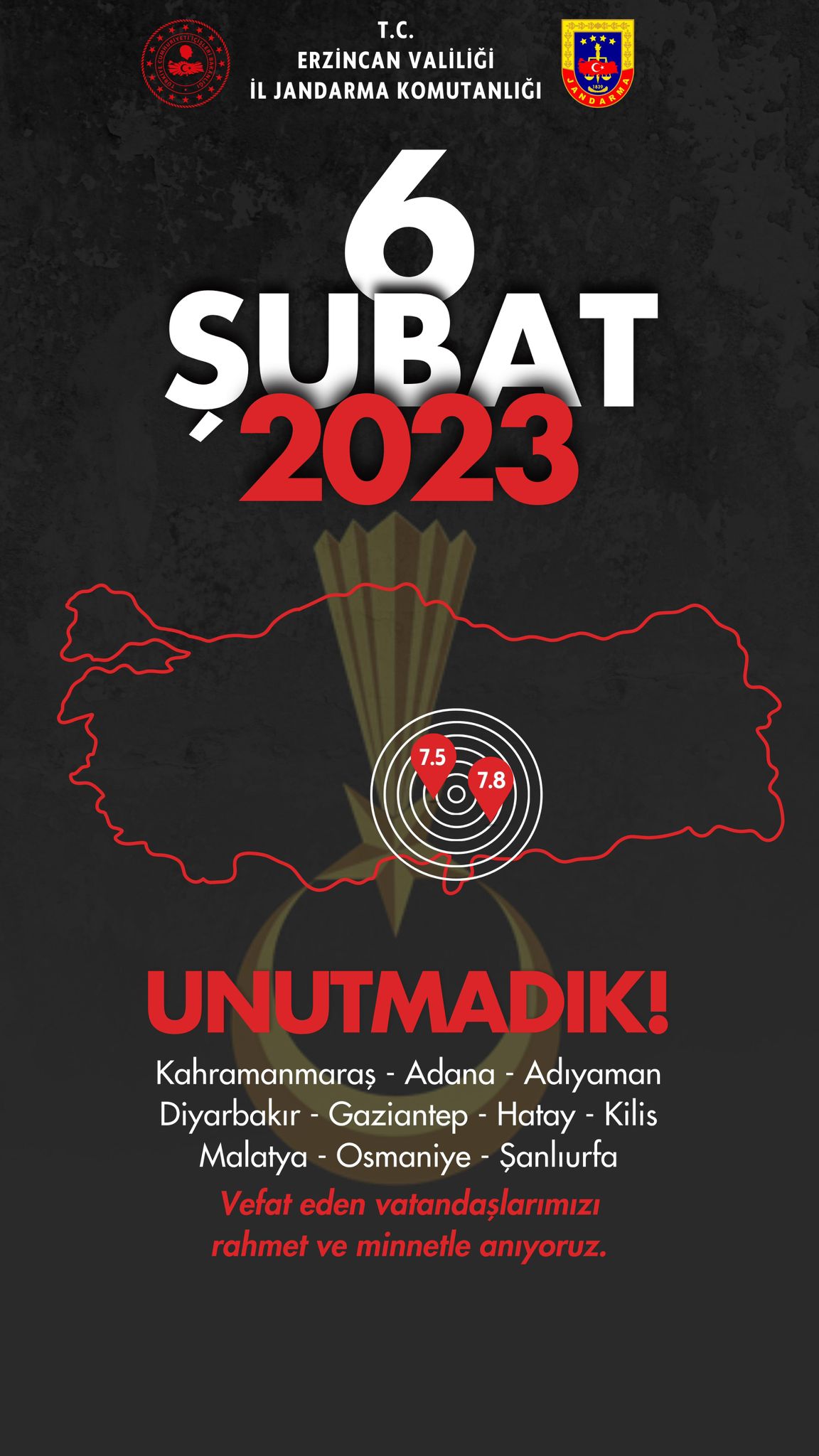 6 Şubat 2023 tarihinde merkez üssü Kahramanmaraş olan depremde hayatını kaybeden vatandaşlarımızı saygı ve rahmetle anıyoruz!